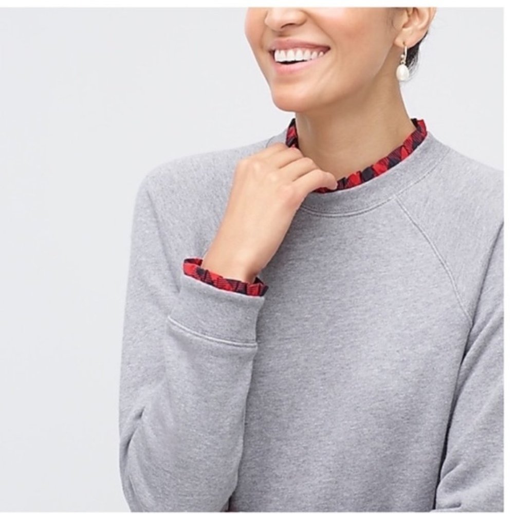 J. Crew Woven ruffleneck pullover sweatshirt gray red buffalo check